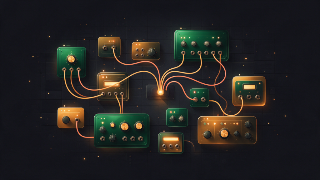 Modular synth-style patchbay routing several AI models together, illustrating AI models for AI-native development in 2026.